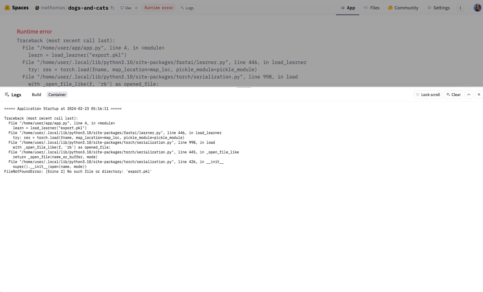 The Hugging Face space build error