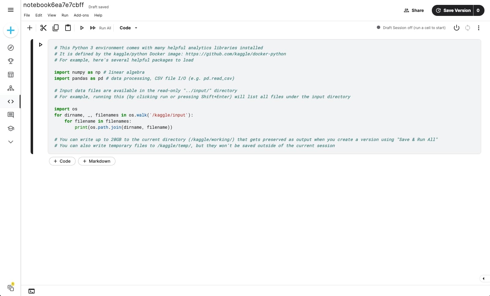 A blank new Kaggle notebook without any code in it